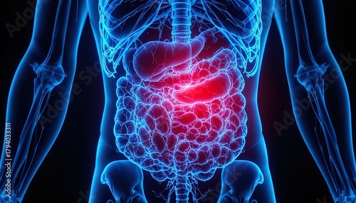 Stomach pain concept in glowing neon blue, highlighting digestive health and potential illness with bright red inflammation for medical illustration