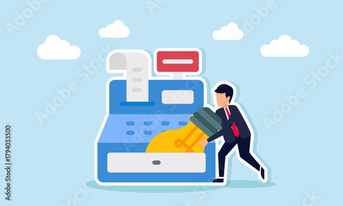 Businessman placing a light bulb into a cash register illustration of applying ideas and innovation to boost company income