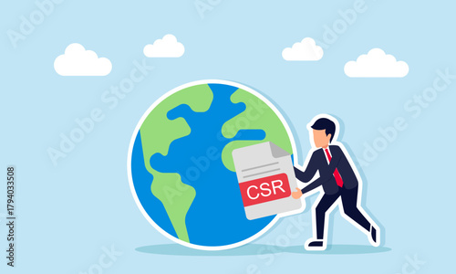 Businessman holding a CSR document near a globe illustration of using CSR funds to preserve the earths environment