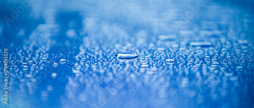 water drops on blue background, panoramic banner with copy space