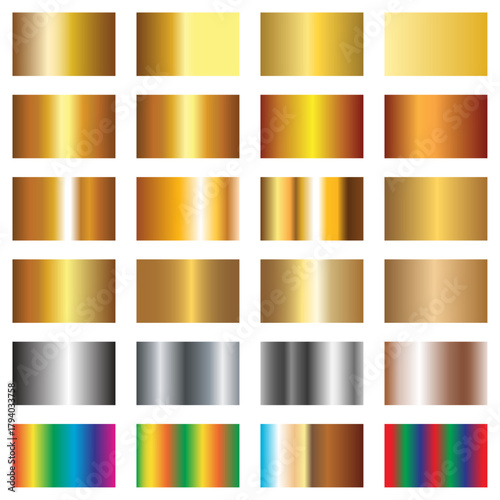 Premium gold and metallic gradient palette set, shiny color swatch collection vector, luxury metal tone design elements for graphic resources