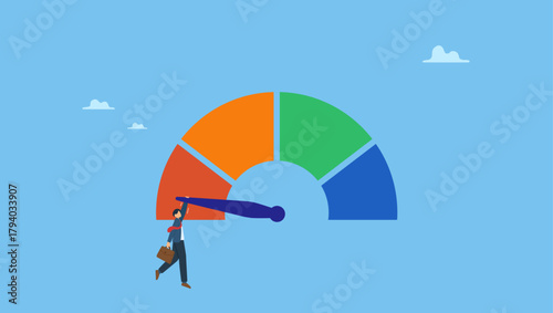Frustrated businessman hold tight on performance gauge. Poor performance employee, bad rating evaluation, credit score, assessment, performance review, failure worker or credit score.