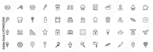 Bakery and Sweet icon set. Kitchen vector icons pack Includes dessert, cupcake chef, oven, mixer, coffee ice cream and more. Editale stroke illustration.