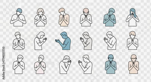 Collection of line drawings depicting people with hands clasped in prayer or contemplation, heads bowed.