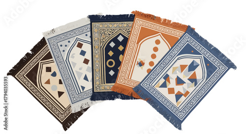 Five prayer rugs of various colors and intricate geometric patterns are displayed.