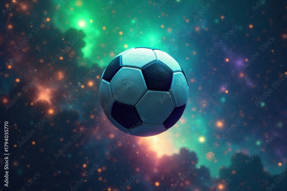 Fototapeta premium Ethereal glowing soccer ball suspended mid air above a vibrant, surreal, deconstructed soccer field with cosmic elements. A photorealistic, vibrant soccer ball suspended in mid air, glowing with an
