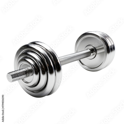 Shiny Chrome Dumbbell With Textured Handle And Stacked Weight Plates Isolated On Black Background fitness, Png Isolated On White, Transparent Background