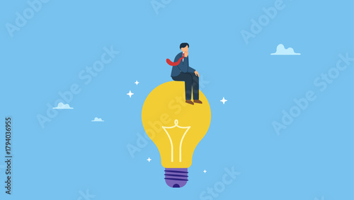 Smart businessman thinking on imagination lightbulb idea. Creative thinking, using imagination and creativity for solution idea or solve business problem, contemplation or brilliant idea.
