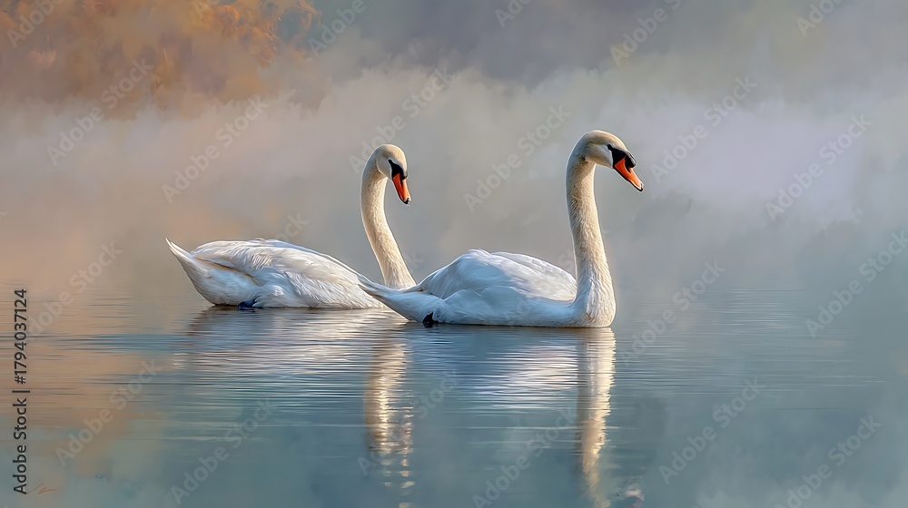 Fototapeta premium Graceful Swans Swimming on Calm Water with Soft Light and Reflection