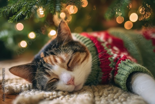 A cat sleeping under a christmas tree