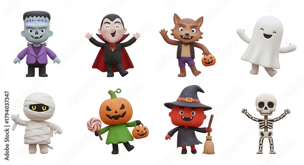 Obraz premium A collection of eight cute 3D cartoon Halloween characters, including a monster, vampire, and ghost, isolated on a white background.