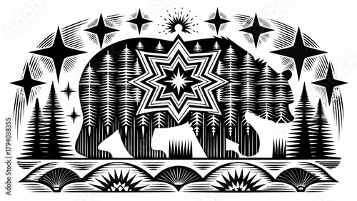 Majestic bear silhouette with forest and star design, nature inspired artwork