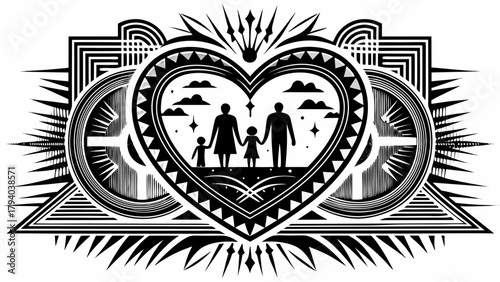 Family love and unity with ornamental heart and geometric shapes black graphic art