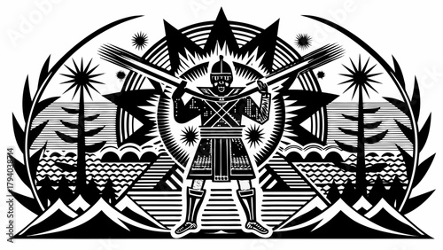 Striking warrior illustration with swords, mountains, and trees for creative projects