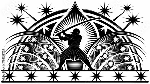 Bold warrior wielding sword amidst starbursts, a powerful silhouette in black