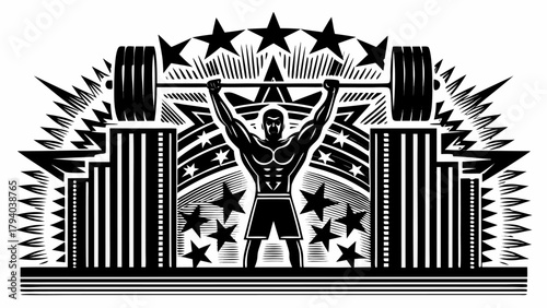 Powerful athlete lifts barbell overhead with triumphant strength and determination