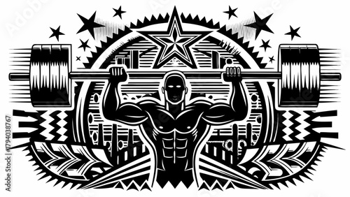 Powerful bodybuilder lifting weights with stars, strength and determination artwork