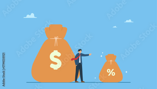 Businessman salesperson standing with money bag and commission portion. Commission payment, interest rate for loan payment or investment profit percentage, incentive to reward or motivate.
