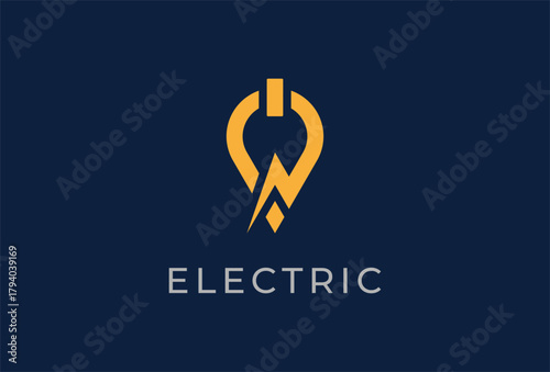 Electric Location Logo, lightning bolt, pin location and power icon combination, charging place design logo template, vector illustration