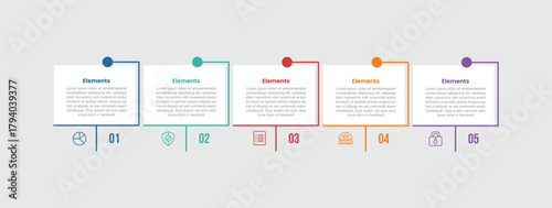 5 elements infographic comparison diagram with square box with dot line connection on horizontal direction with 5 step for slide presentation