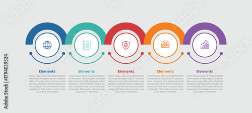 5 elements infographic comparison diagram with big circle with thick half circle on horizontal direction with 5 step for slide presentation