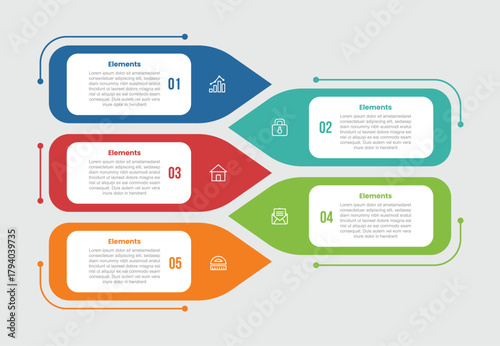 5 elements infographic comparison diagram with round rectangle with arrow shape stacked list opposite direction with 5 step for slide presentation