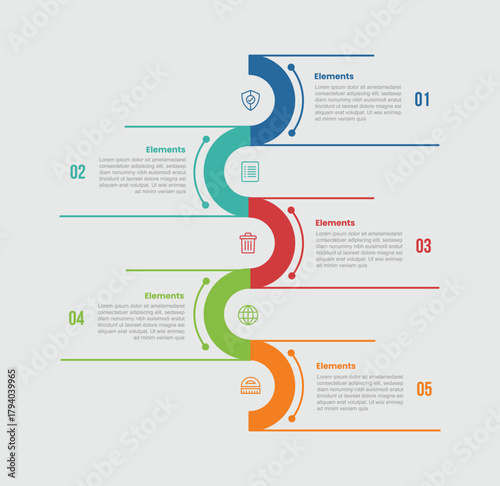 5 elements infographic comparison diagram with half circle zig zag movement vertical opposite direction with 5 step for slide presentation