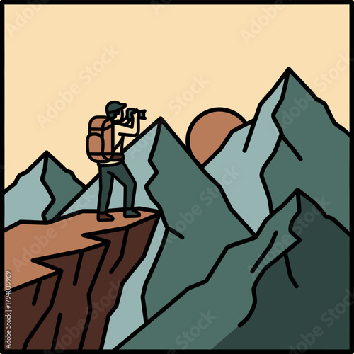 A person with a backpack on a cliff edge viewing mountains and a sunset in a graphic illustration style.
