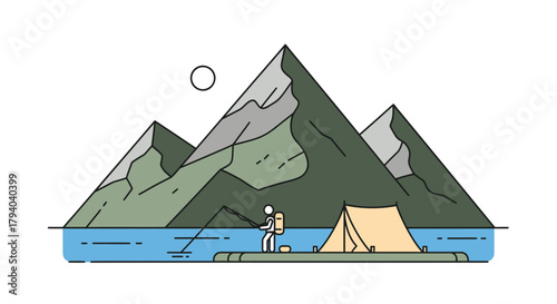 Minimalist illustration of a person fishing by a lake with a tent and mountains in the background under a clear sky.