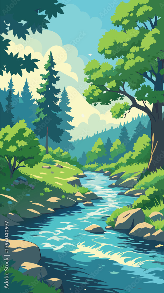 Fototapeta premium Forest stream with rocks and trees