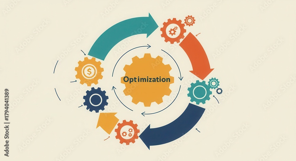 Fototapeta premium Interconnected mechanical gears illustrate a continuous cycle of process refinement