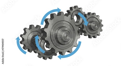 Interlocking mechanical gears demonstrate rotational motion and mechanical linkage