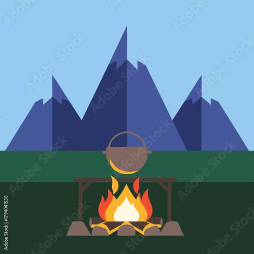 A flat design illustration of a campfire with a cooking pot under a clear sky and blue mountains in the background.