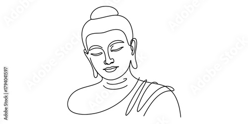 Minimalist continuous line art illustration of Buddha in deep meditation, representing peace, mindfulness, enlightenment, and spiritual serenity. Ideal for contemporary design.