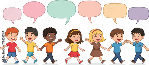 Cartoon children walking together, speech bubbles illustration, communication, friendship, diversity concept, kids interaction, talking characters, emotional learning, vector design