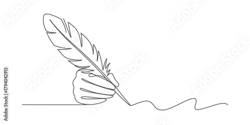 Continuous single line art drawing of a human hand holding a classic feather quill pen, elegantly writing with an artistic, flowing stroke Vector