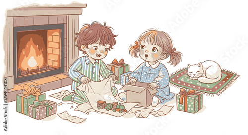 Two happy children in pajamas opening Christmas presents by a warm fireplace with a sleeping cat nearby.