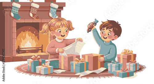 Children opening Christmas presents by the fireplace with stockings.