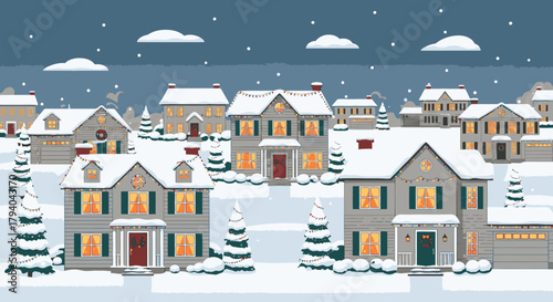 Pixel art illustration of a cozy suburban neighborhood covered in snow during the winter holidays.