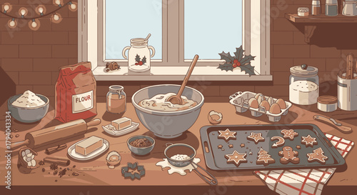 Baking Christmas cookies: ingredients and cookies on a baking sheet, kitchen scene.