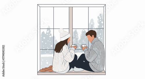 Illustration of a couple sitting by a window, enjoying hot drinks in a snowy winter scene.