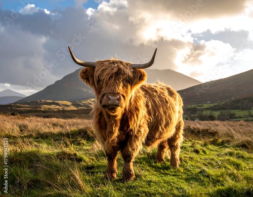 A Highland coo grazing in a field, backlit by the setting sun