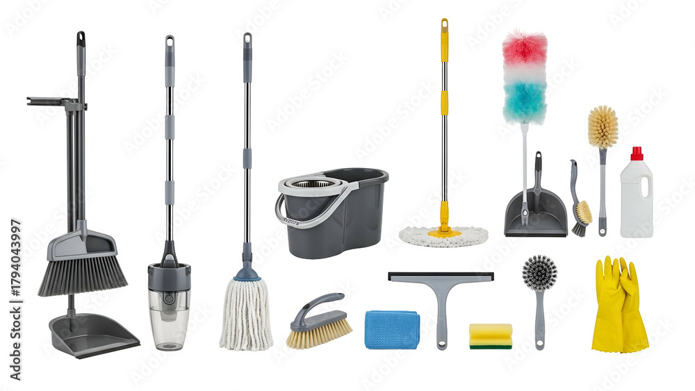 Naklejka premium Assortment of household cleaning implements and supplies displayed against a dark background