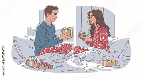 A couple exchanging gifts while sitting on a bed in a cozy bedroom setting.