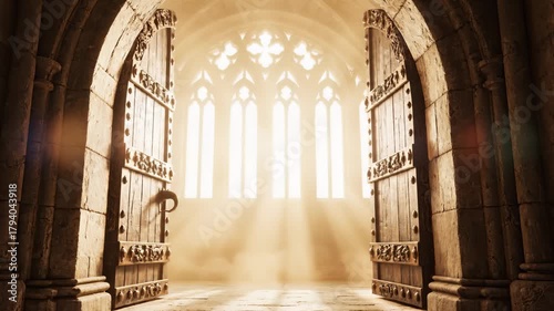 Old Wooden Doors Open to Bright Light and Window Inside Stone Building