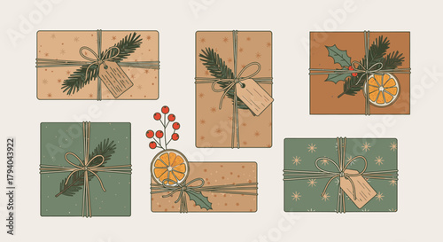 A collection of hand-drawn rustic Christmas gifts wrapped in paper and decorated with natural elements like pine and orange slices.