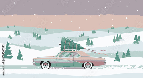 Vintage car carrying a Christmas tree on a snowy road.