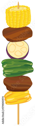 バーベキュー の串 パプリカ、ピーマン、なす、トウモロコシ ベクター素材