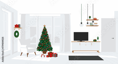 Festive living room with Christmas tree and gifts, decorated for the holidays.