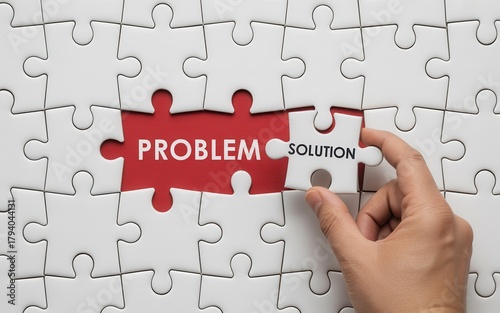 Hand placing the final puzzle piece labeled solution to solve the problem